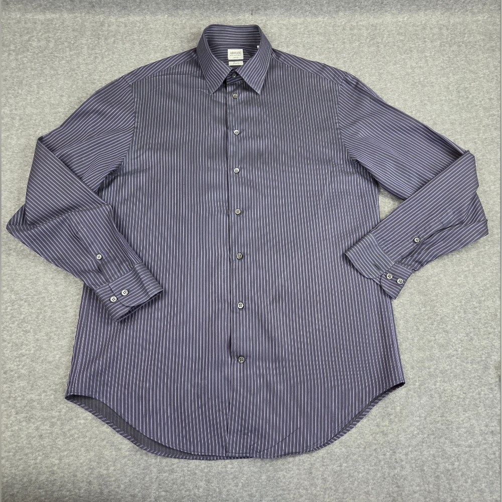Armani Collezioni Shirt Mens Medium Blue Long Sleeve Button Up Striped Cotton